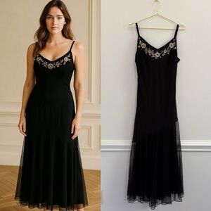 Vintage Black Beaded Asymmetric Sheath Dress Sz 16 Slip Fairy Whimsygoth Y2K